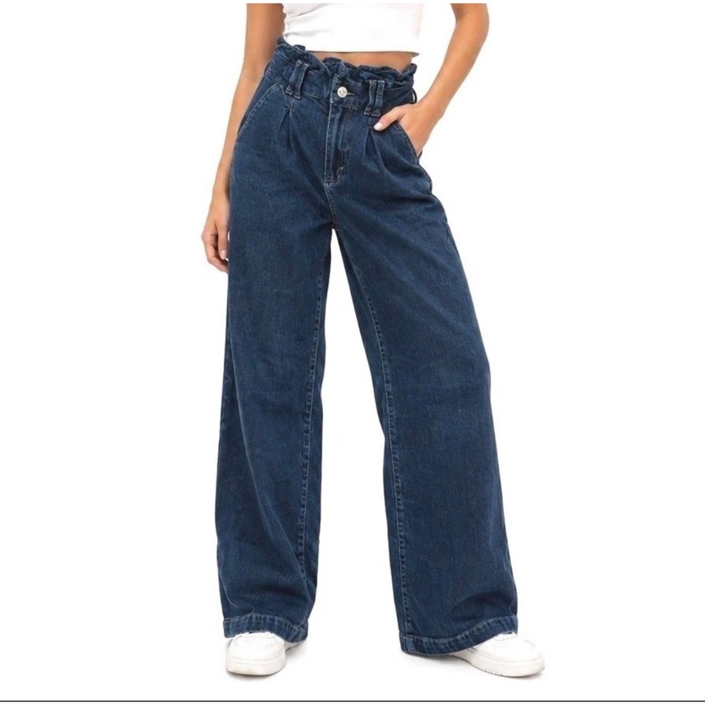 Paige Harper Wide Leg Pleated Jeans Dark Wash Denim Size 31 High Rise Flutter
